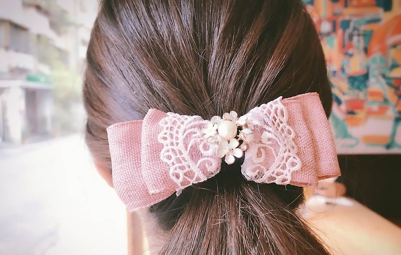 [First love cherry powder lace French folder] handmade hair bow hair clip - เครื่องประดับผม - วัสดุอื่นๆ 