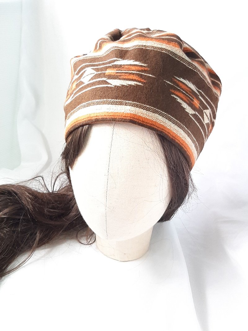 Coffee totem pattern cotton turban hat - หมวก - ผ้าฝ้าย/ผ้าลินิน สีนำ้ตาล