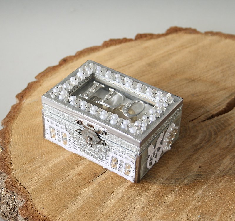 Engagement Wedding Ring Box I DO Hand Painted Glass - General Rings - Wood Silver
