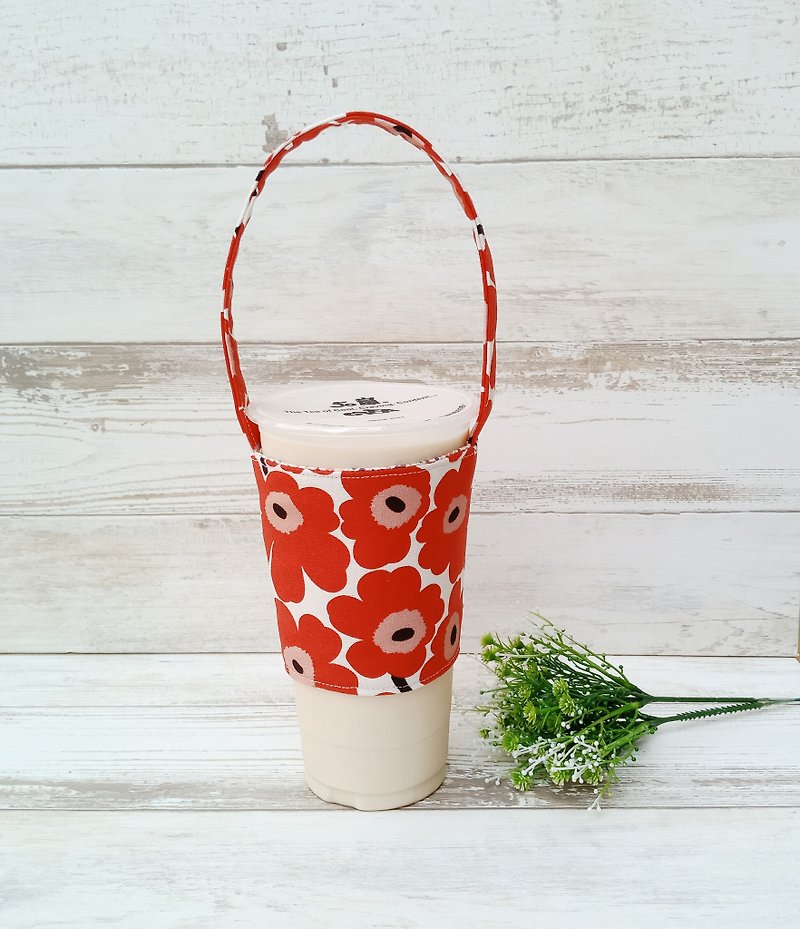 [Beverage bag] - red big flower - Beverage Holders & Bags - Cotton & Hemp Red