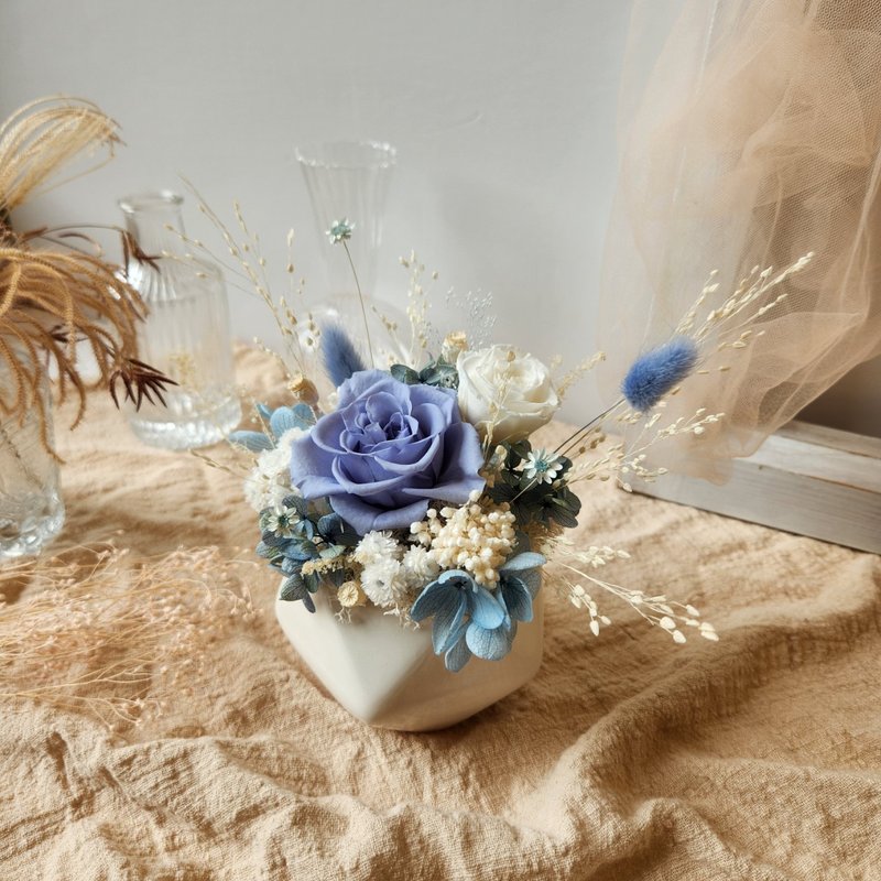 迷霧藍白色 多角盆花 節日送禮 新居落成 居家擺飾 開幕盆花 桌花 - 乾燥花/永生花 - 植物．花 藍色