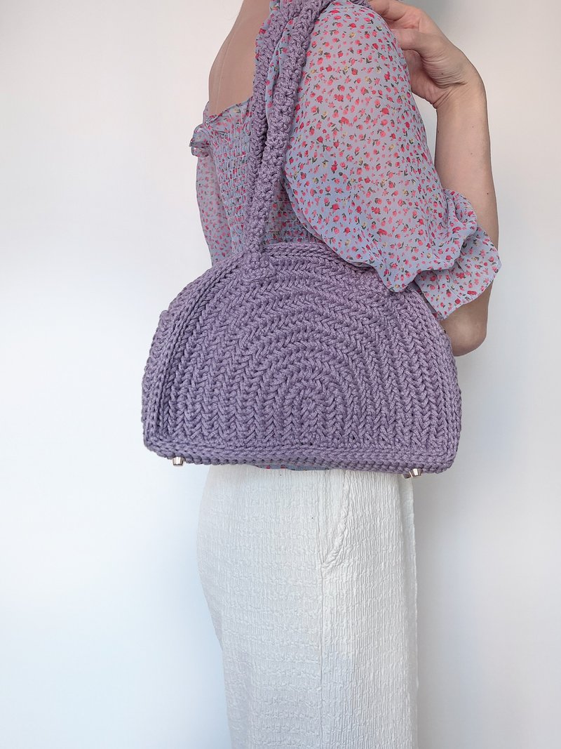 Handmade crochet oval long strap shoulder bags - purple crocheted knit cotton - Messenger Bags & Sling Bags - Cotton & Hemp Purple