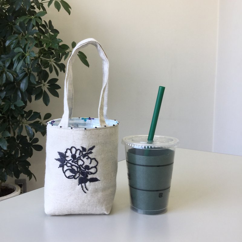 Cafe bag flower lover mini tote - กระเป๋าถือ - ผ้าฝ้าย/ผ้าลินิน สีกากี