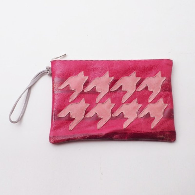 cowleather Pouch （千鳥柄/レッド×ピンク）/小物入れ/P015 - 化妝包/收納袋 - 真皮 