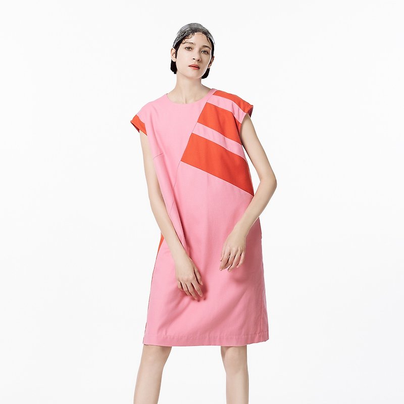 Brilliant asymmetric color matching small dress - One Piece Dresses - Cotton & Hemp Pink