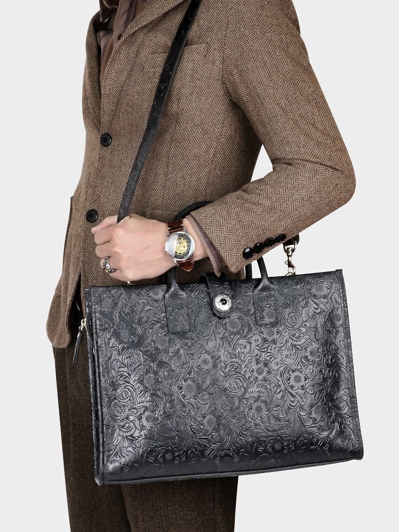 Fit For 15 inch laptop briefcase handmade genuine leather shoulder bag handbag - กระเป๋าเอกสาร - หนังแท้ สีดำ