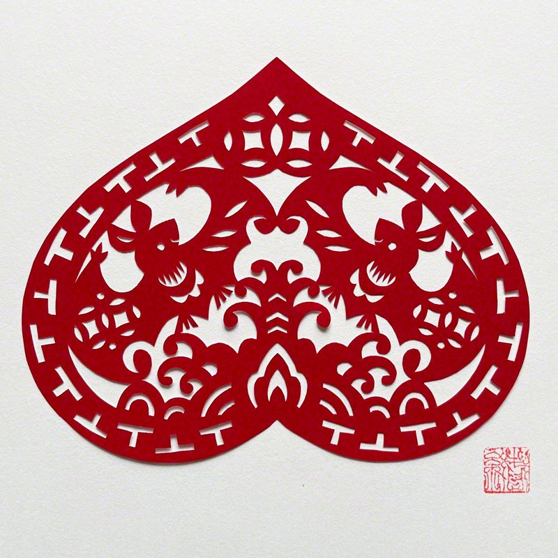 受注製作   切り紙・コウモリと桃  福寿双全 - 海報/掛畫/掛布 - 紙 紅色