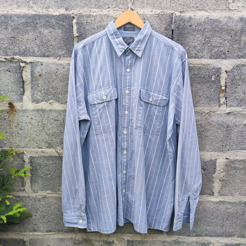 Vintage 70s Sir Williams Striped Button Up Work Shirt - เสื้อเชิ้ตผู้ชาย - ผ้าฝ้าย/ผ้าลินิน สีใส