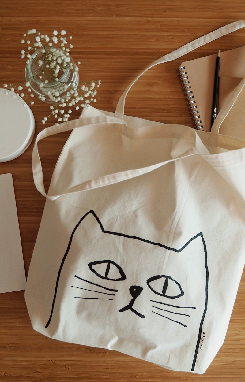 Tote bag WITH White CAT. - 手袋/手提袋 - 棉．麻 咖啡色