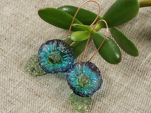 AGATIX Teal Green Blue Lampwork Glass Flower Large Long Statement Earrings Jewelry Gift