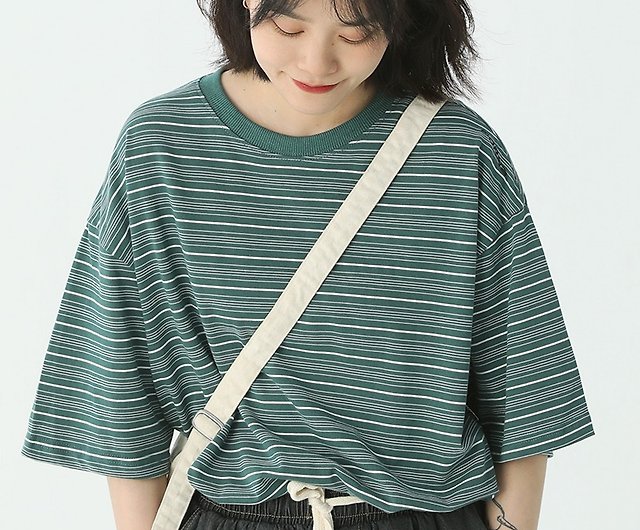White striped 2-color Japanese retro simple simple cotton T-shirt neutral  basic loose top M-2XL - Shop epicrare Women's T-Shirts - Pinkoi