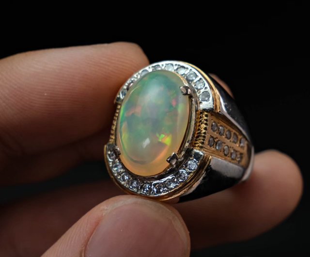 Original White Fire Opal Stone Ring Oval Shape Mens Opal Stone Ring Real  Opal