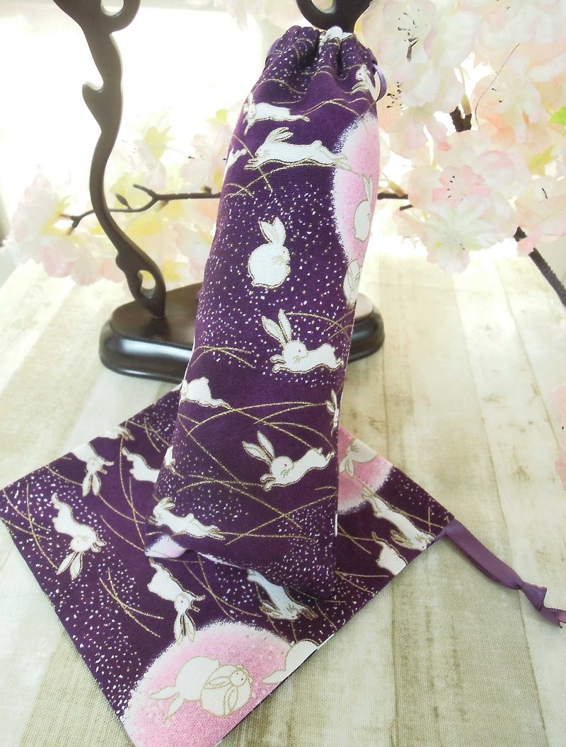 Tooyunge-purple cute moon rabbit storage bag drawstring pocket - Storage - Cotton & Hemp Purple