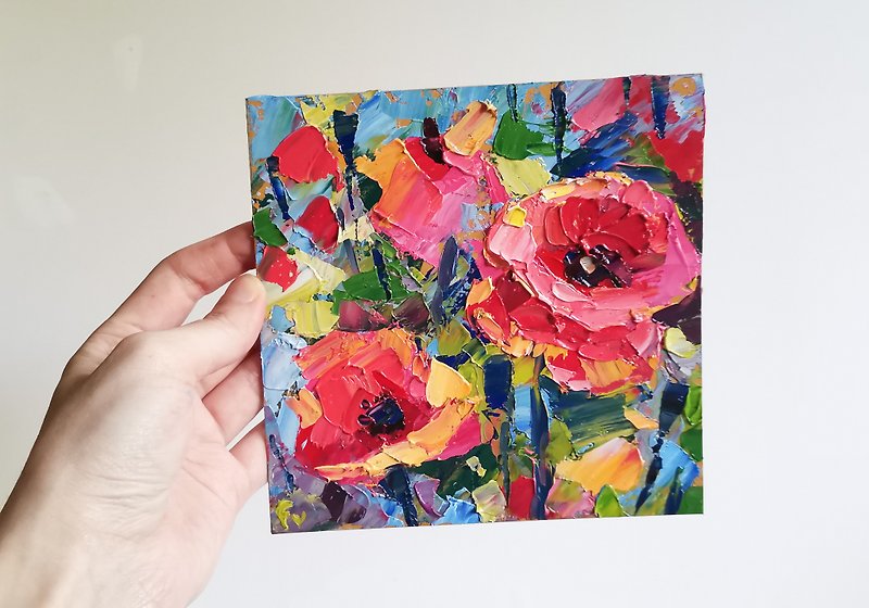 Poppy Painting Original Art Small Impasto Oil Painting Flower Verafe - โปสเตอร์ - โลหะ สีแดง