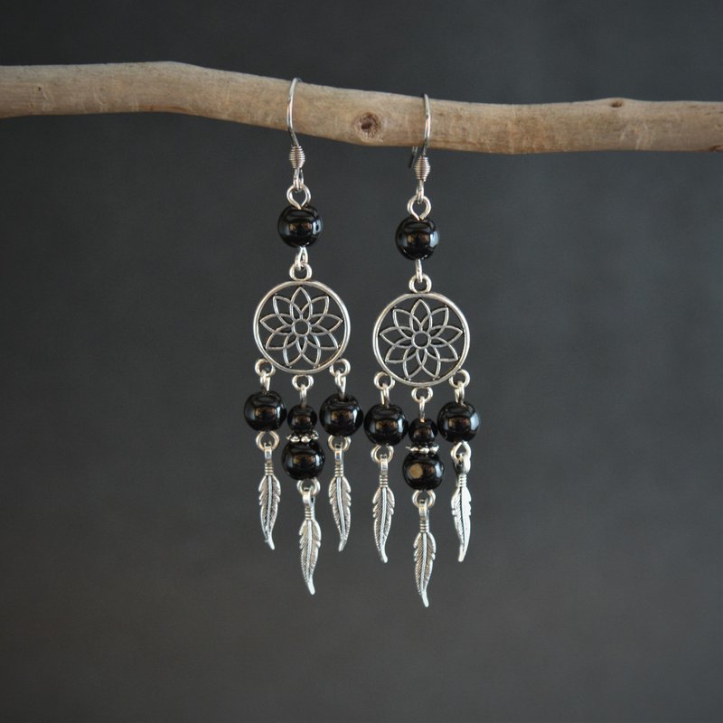 捕夢網黑色縞瑪瑙耳環枝形吊燈波西米亞風抗過敏耳環 - 耳環/耳夾/耳骨夾 - 其他金屬 銀色