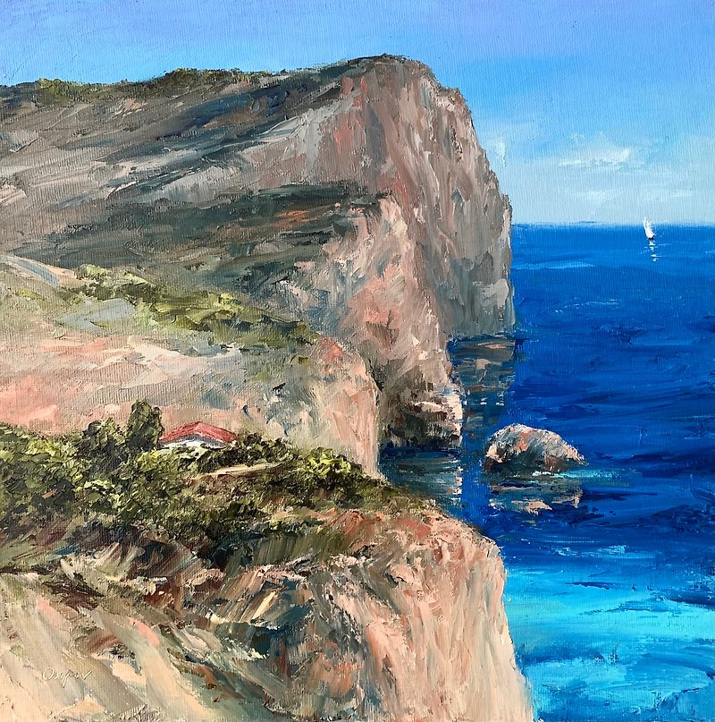 コットン・麻 ウォールデコ・壁紙 多色 - キャンバス上の元の海景油絵青い風景ヨットインパストアートワーク