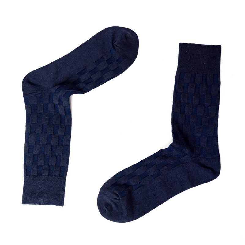 Checkerboard pattern gentleman socks calm blue - ถุงเท้าข้อกลาง - ผ้าฝ้าย/ผ้าลินิน สีน้ำเงิน