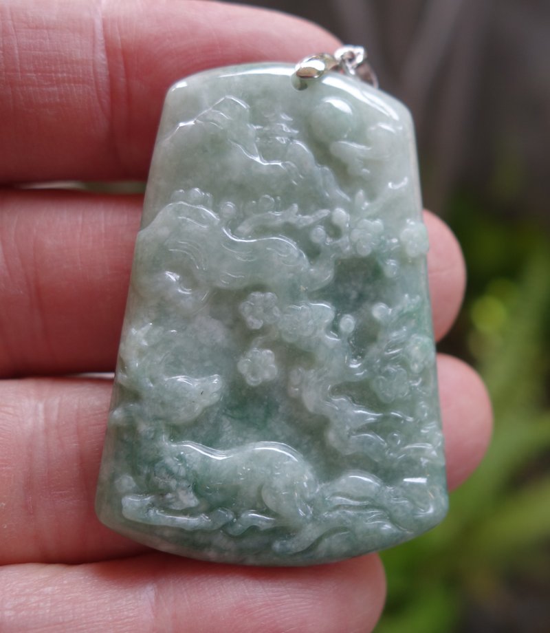 天然A貨翡翠 山水玉牌 梅花鹿 吊墜 緬甸翡翠 天然A貨 玉牌 玉佩 - 頸鏈 - 玉石 綠色