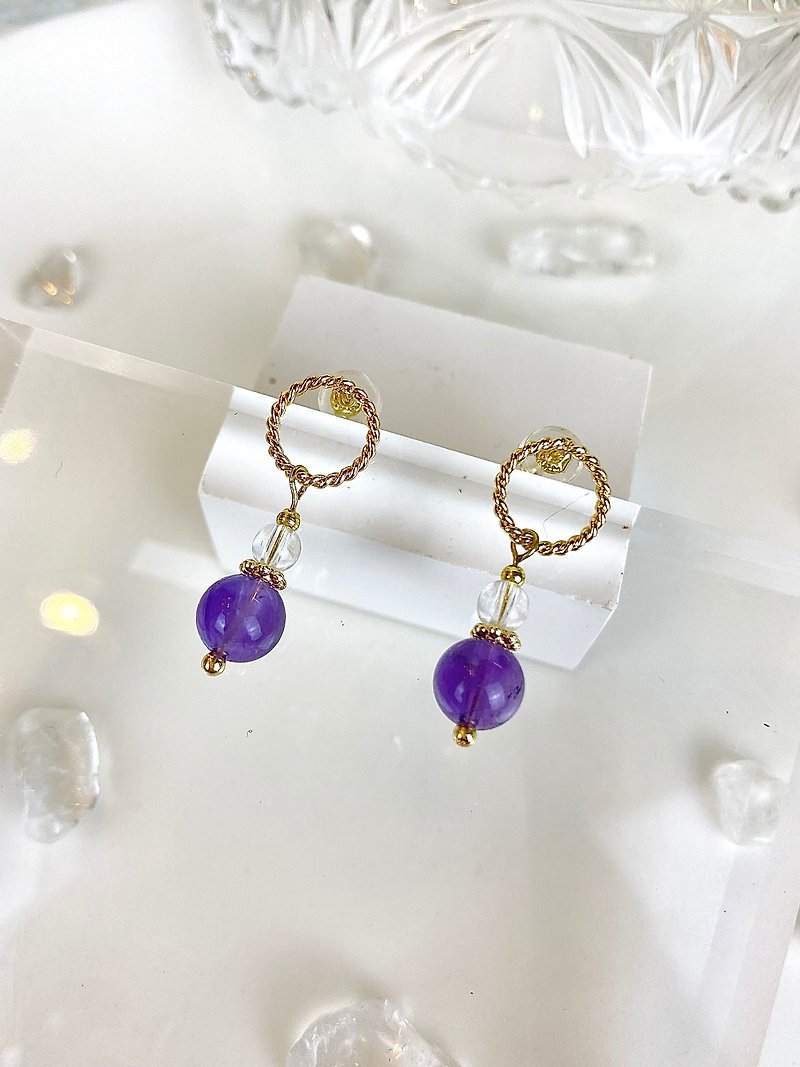 白水晶 紫水晶 14KGF 耳環 - 耳環/耳夾 - 水晶 紫色