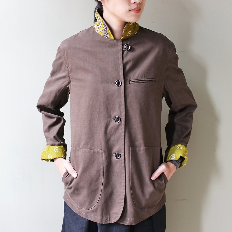 Omake kanta jacket Indian cotton hand-embroidered collar jacket _ light brown - เสื้อแจ็คเก็ต - ผ้าฝ้าย/ผ้าลินิน สีนำ้ตาล