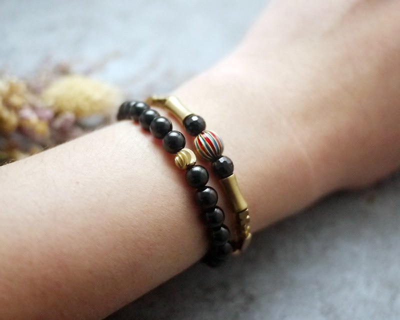 Natural stone bracelet - Cleopatra's talent (brass / accessories / gift / black agate / blue sand stone) - Bracelets - Gemstone Red