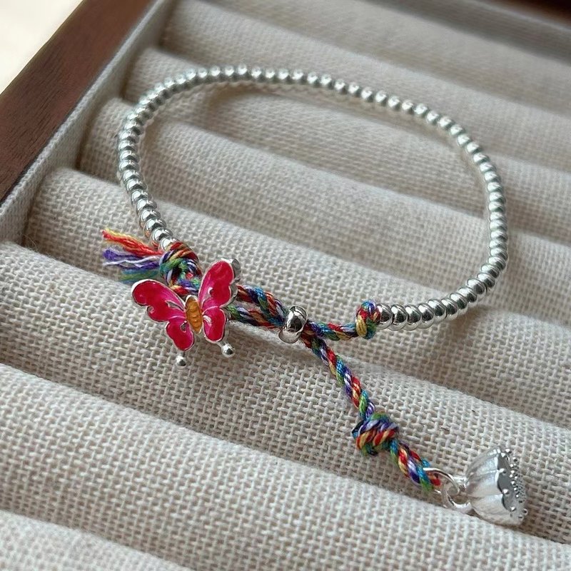 新款925純銀盤纏小蝴蝶單圈手鏈手繩搭配足銀蓮蓬吊墜 簡約氣質 - 手鍊/手環 - 銀 