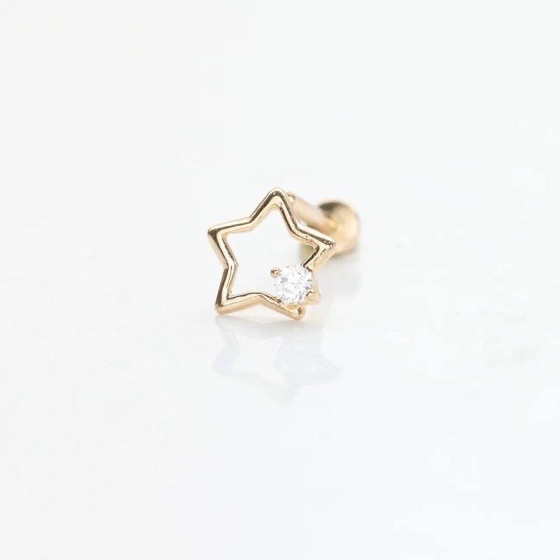 14K 線條星星鑽鎖珠耳環 (前鎖 平底 圓餅) _PL2487 (單個) 耳骨 - 耳環/耳夾/耳骨夾 - 貴金屬 金色