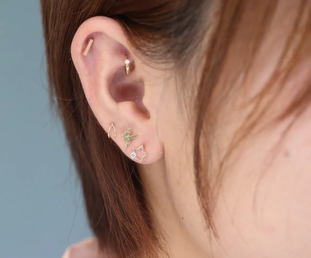 14K ラインスターダイヤモンドロックボールピアス (フロントロック