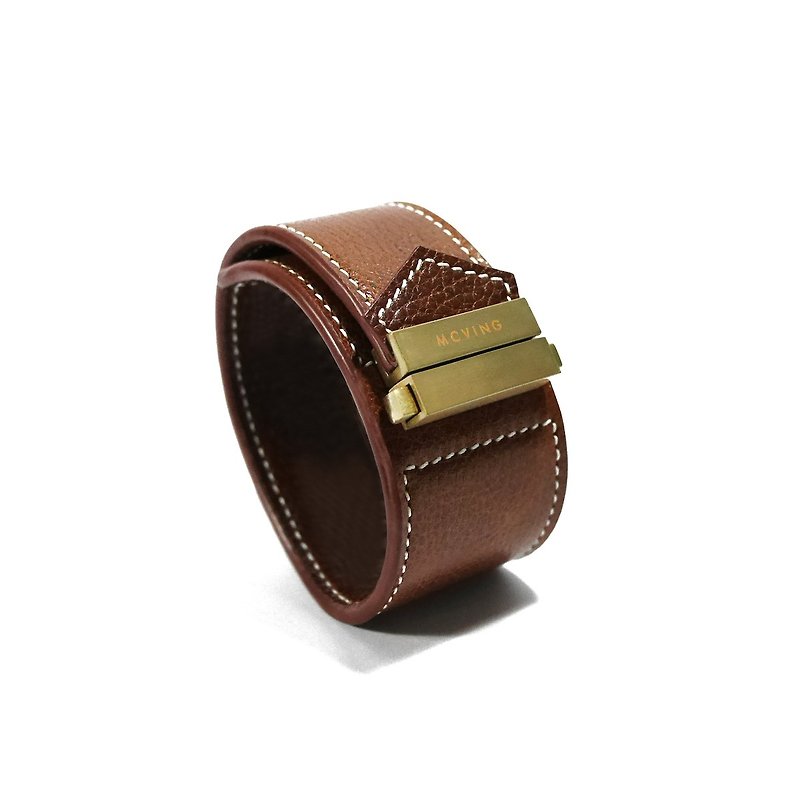 Brown leather wide version of the Play Hard bracelet - gold buckle - Bracelets - Genuine Leather Brown