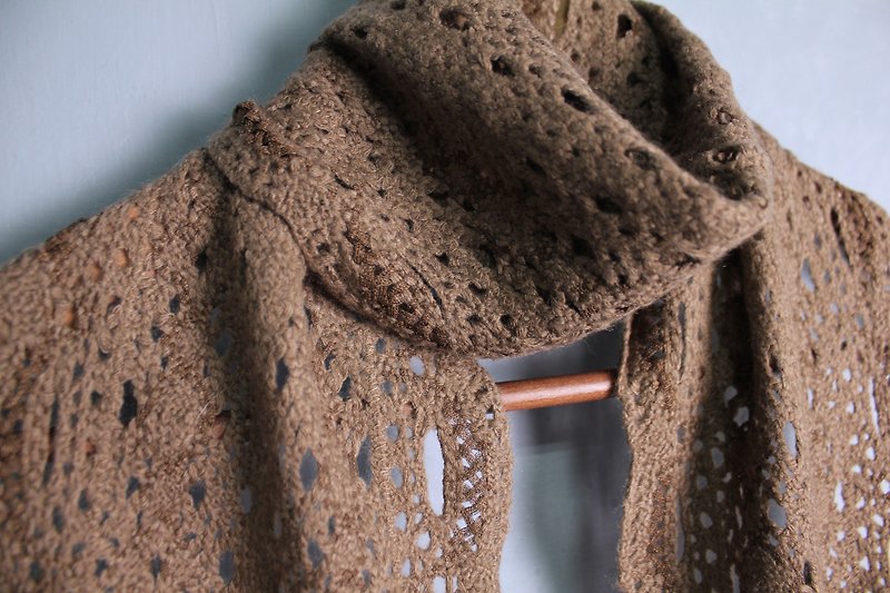 FOAK古著 復古棕色紗網編織鉤花圍巾 - 圍巾/披肩 - 其他材質 