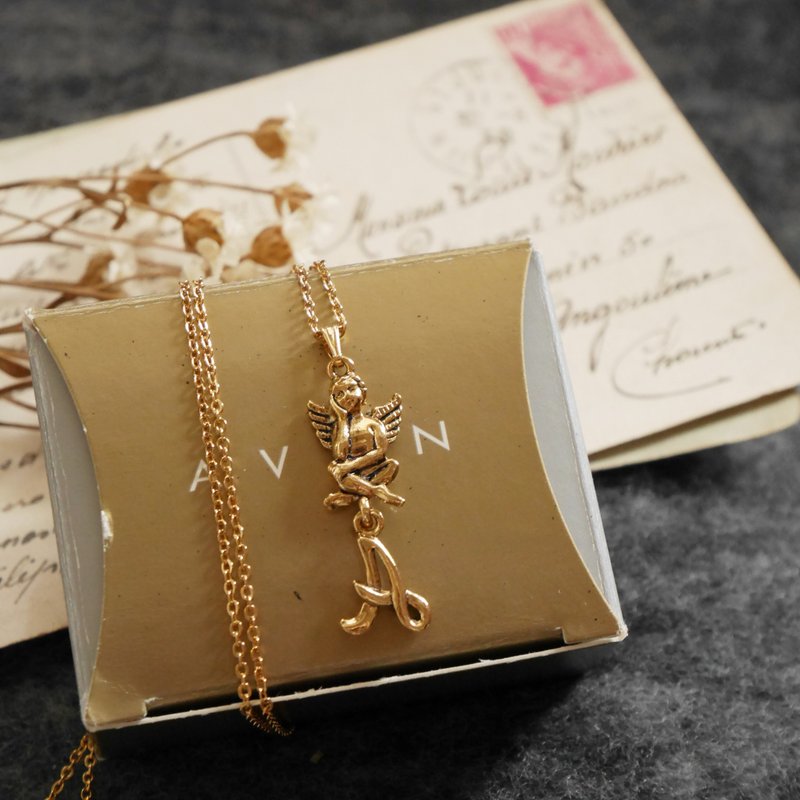 Antique 1996 Golden Angel Letter A Necklace ANON Original Box N832 - สร้อยคอ - โลหะ สีทอง