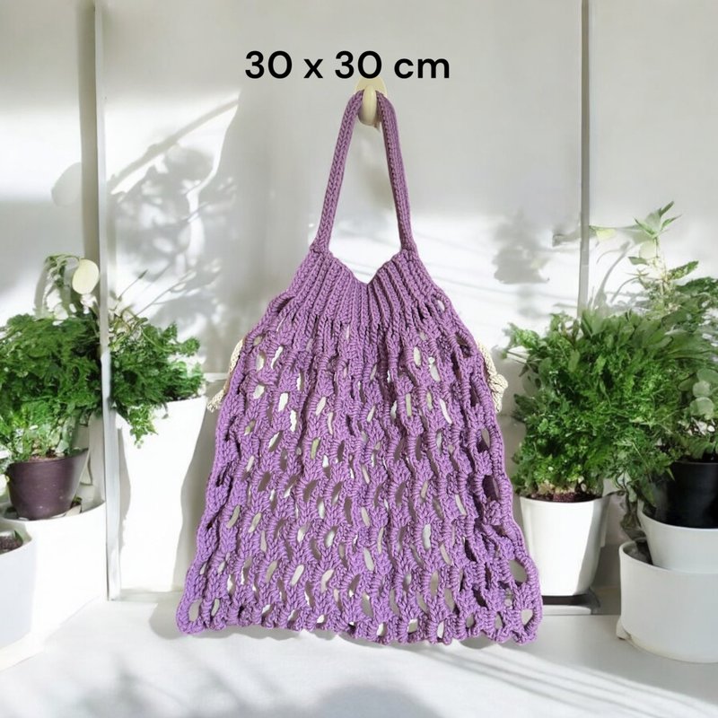 handmade purple crochet tote bag - กระเป๋าแมสเซนเจอร์ - ผ้าฝ้าย/ผ้าลินิน สีม่วง