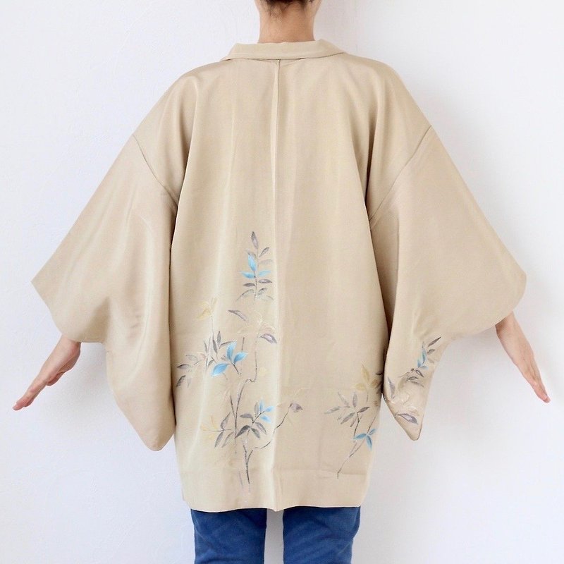embroidered leaf kimono, haori, silk robe, kimono cardigan, kimono /4027 - เสื้อแจ็คเก็ต - ผ้าไหม สีกากี