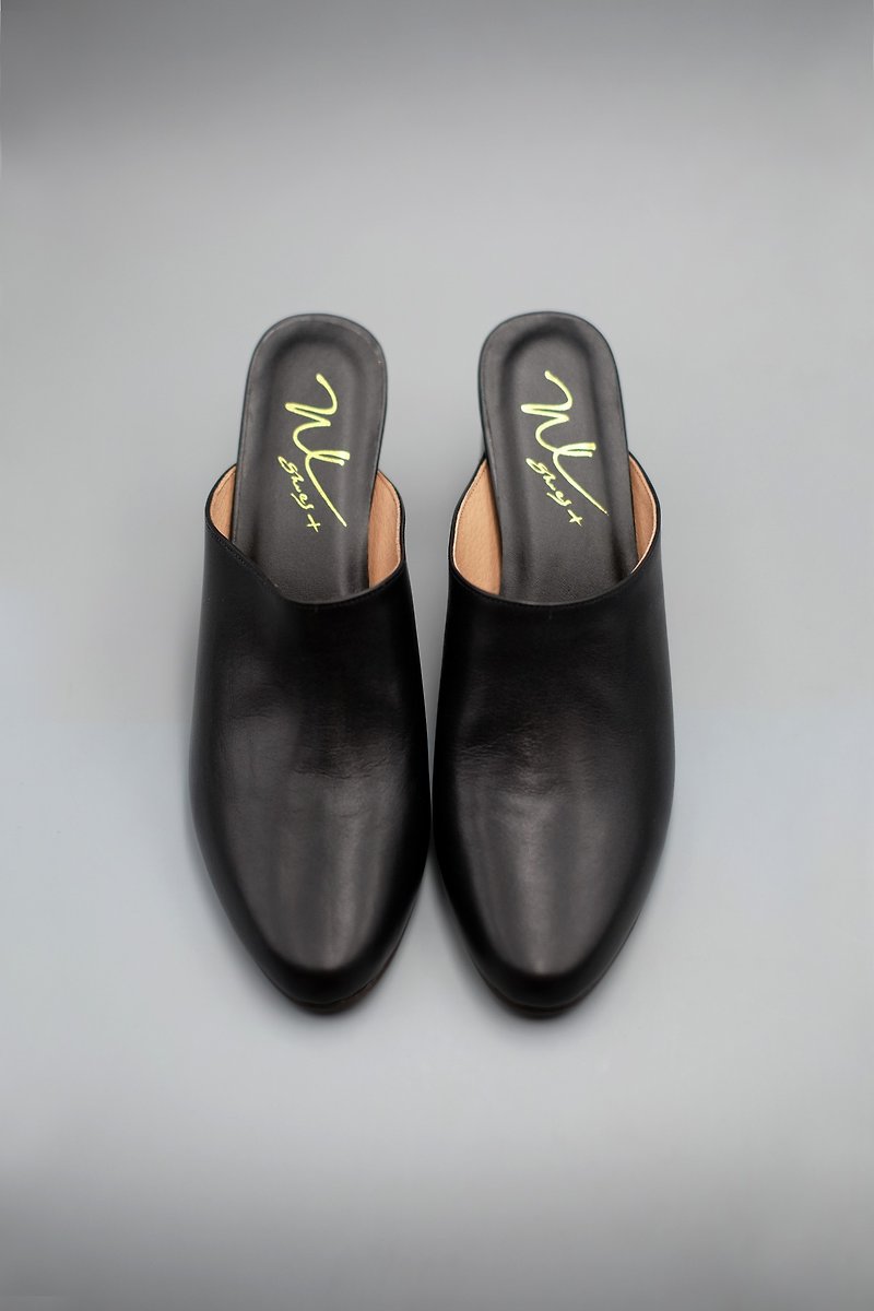 Mules Heels (Extreme Black) Black Mid-High Heel Muller | WL - รองเท้าหนังผู้หญิง - หนังแท้ สีดำ
