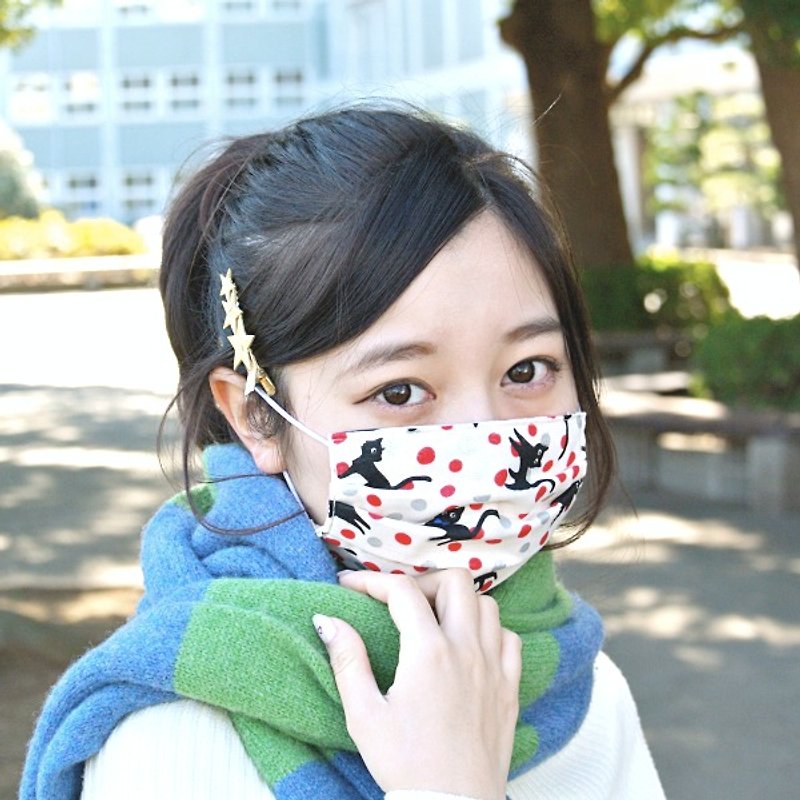 TEMARIYA | handmade mask Dot black cats! White | Comfortable Cute Japanese cloth - マスク - コットン・麻 ホワイト