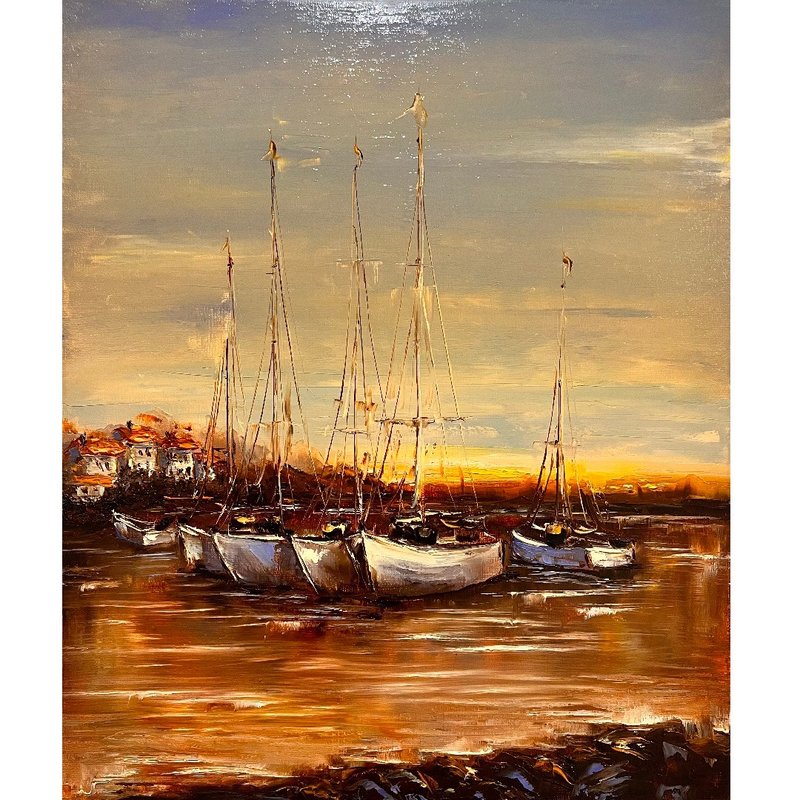 Sailboats at sunset Painting Original Artwork Canvas 60x50cm by Oksana Stepanova - 海報/掛畫/掛布 - 棉．麻 多色