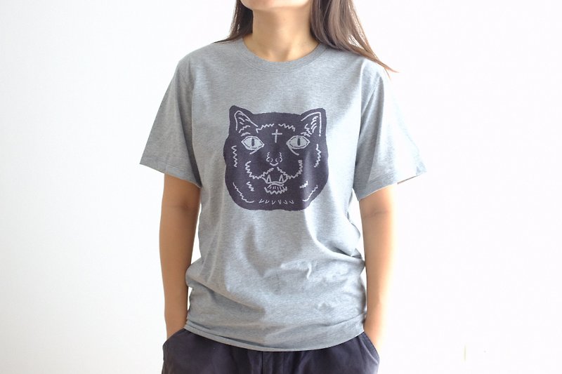 BLACK CAT illustration printing short-sleeved unisex cotton t-shirt - T 恤 - 棉．麻 灰色