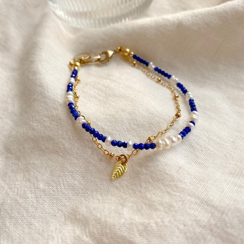 藍夜- 青金石 珍珠黃銅手環 - 手鍊/手鐲 - 寶石 多色