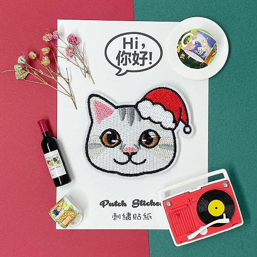 Hi你好創意設計 刺繡貼紙-聖誕白貓