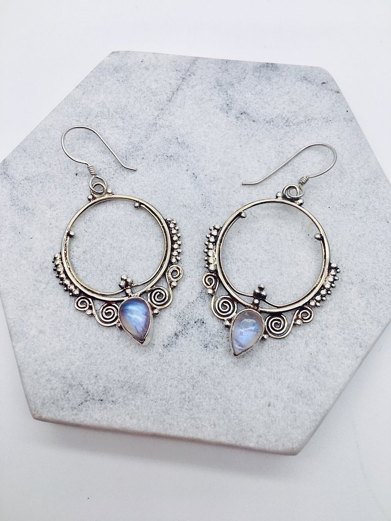 Moonstone Sterling Silver Exotic Earrings Nepal handmade inlay production - Earrings & Clip-ons - Gemstone Blue