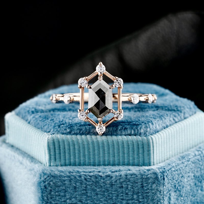 Gemstone General Rings - Hexagon Salt And Pepper Diamond Ring, Rose Gold Anniversary Ring, Ring For Women