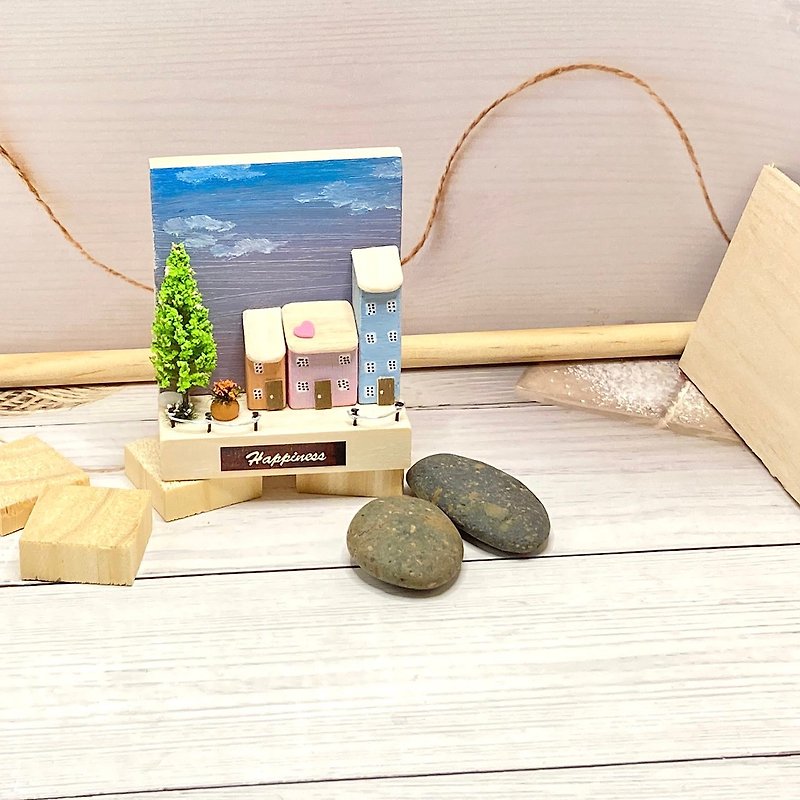 set of miniature house with sky scenes decorated with model tree and clay pot. - 擺飾/家飾品 - 木頭 多色