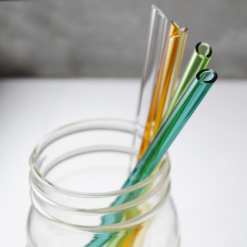 20cm (口徑0.8cm) 尖口可刺穿飲料封膜 彩虹玻璃吸管(附贈清潔刷) - 環保飲管 - 玻璃 橘色