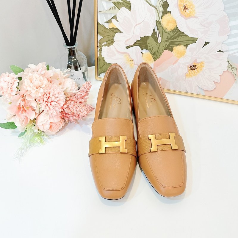 Square toe H low heel loafers- Brown - รองเท้าอ็อกฟอร์ดผู้หญิง - หนังแท้ 