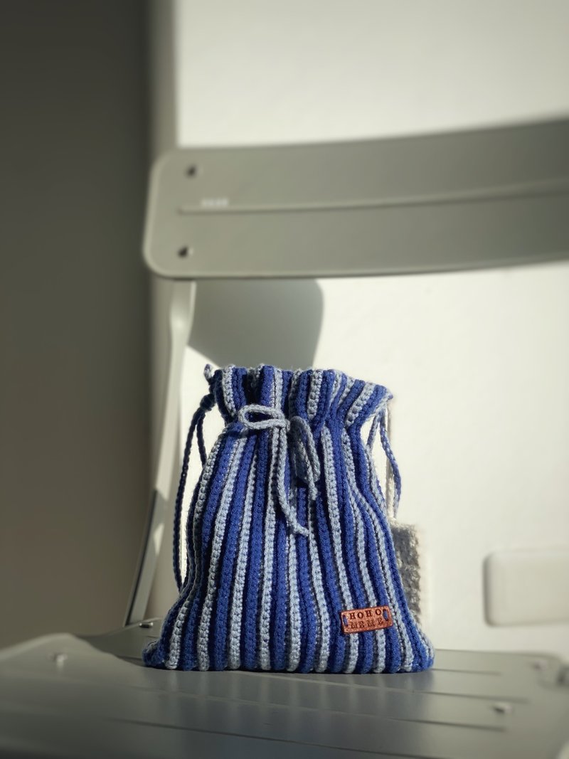 Two-way striped drawstring bag - กระเป๋าหูรูด - ผ้าฝ้าย/ผ้าลินิน สีน้ำเงิน