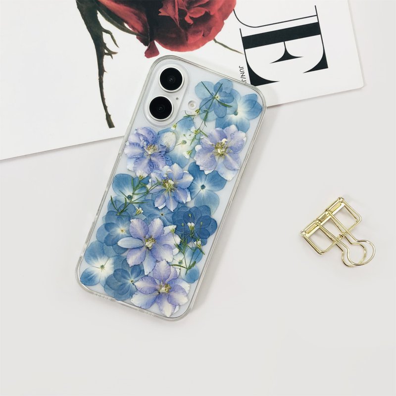 Natural Blue Flower Pressed Flower Phone Case for iPhone 16 Samsung S A Series - เคส/ซองมือถือ - พืช/ดอกไม้ 