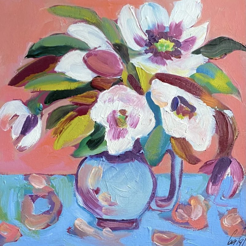 Magnolias, Original oil painting on cardboard, Fauvism art, White flowers, Art - ตกแต่งผนัง - วัสดุอื่นๆ สึชมพู