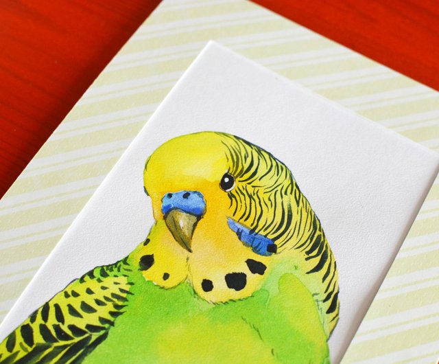 オリジナル水彩画現代絵画ブルーセキセイインコ鳥アート 13x18cm