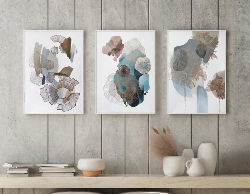 Minimal Abstract Painting | Veil 4 Golden Molecules 2 Thinness 5 Set of 3 - 壁貼/牆壁裝飾 - 棉．麻 藍色