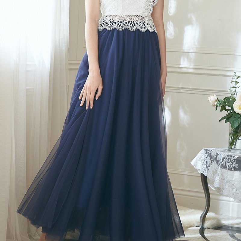 Polyester Skirts Black - Alisa long blue gauze tulle skirt